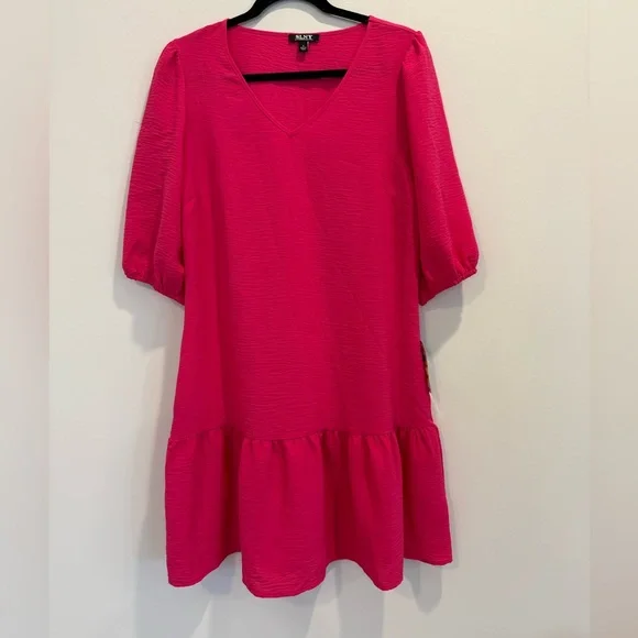 SLNY Women's Pink V-Neck Puff Sleeve Dress - Picture 3 of 5